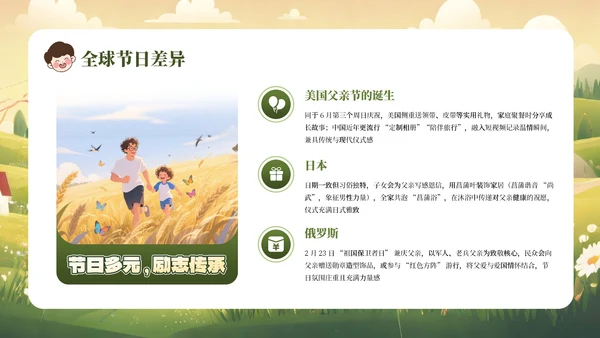 黄绿色卡通父爱如山感恩父亲节主题教育班会课件PPT模板