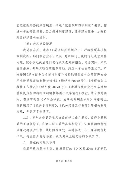 移民开发局上半年党风廉政建设责任制工作自查报告.docx