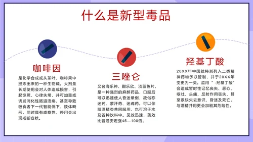 卡通紫色珍爱生命远离毒品主题班会带内容PPT模板