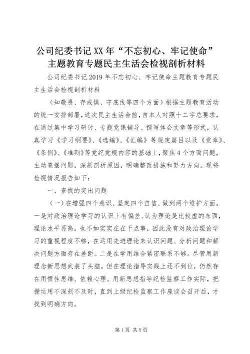 公司纪委书记XX年“不忘初心、牢记使命”主题教育专题民主生活会检视剖析材料.docx