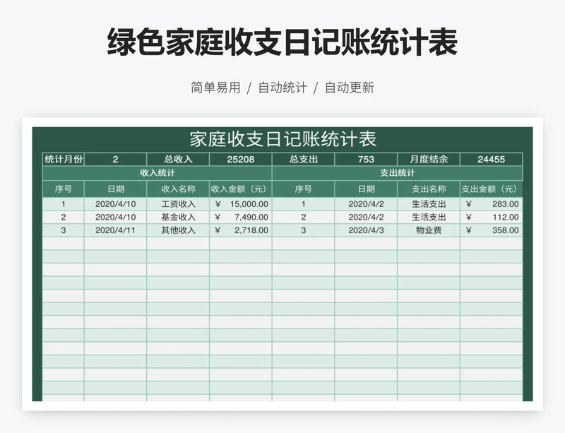 绿色家庭收支日记账统计表