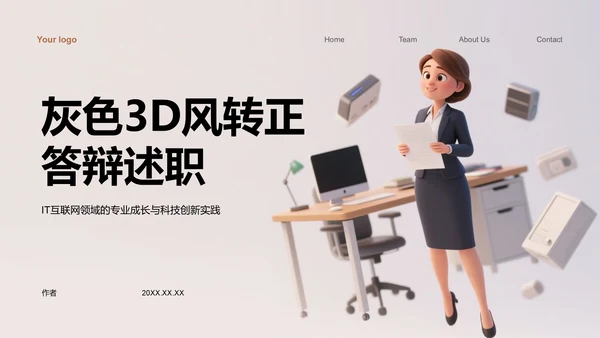 灰色3D风转正答辩述职PPT主题