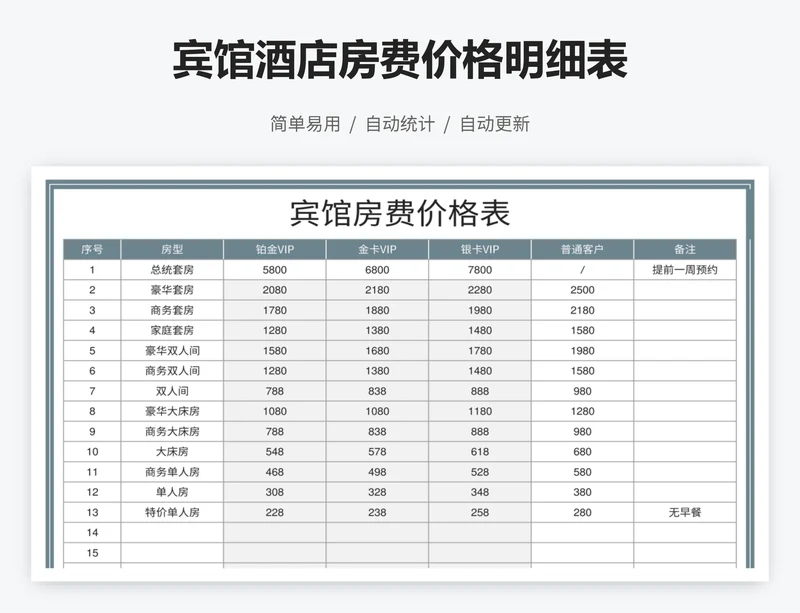 宾馆酒店房费价格明细表