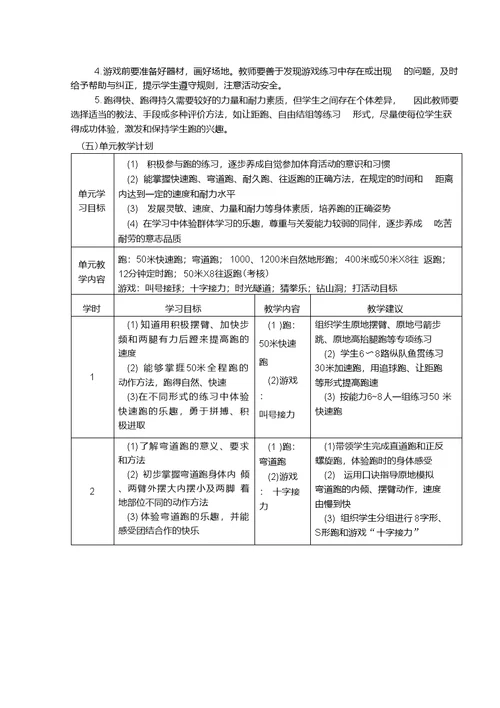 小学五年级体育单元教学设计