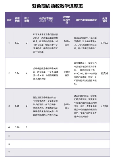 紫色简约函数教学进度表