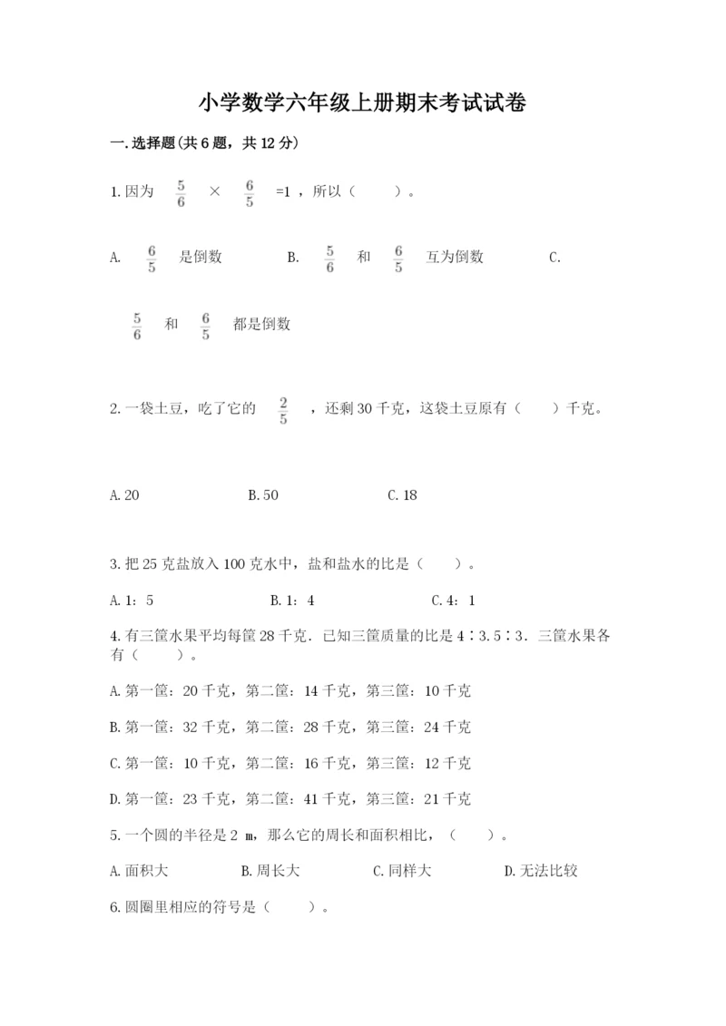 小学数学六年级上册期末考试试卷附答案【轻巧夺冠】.docx