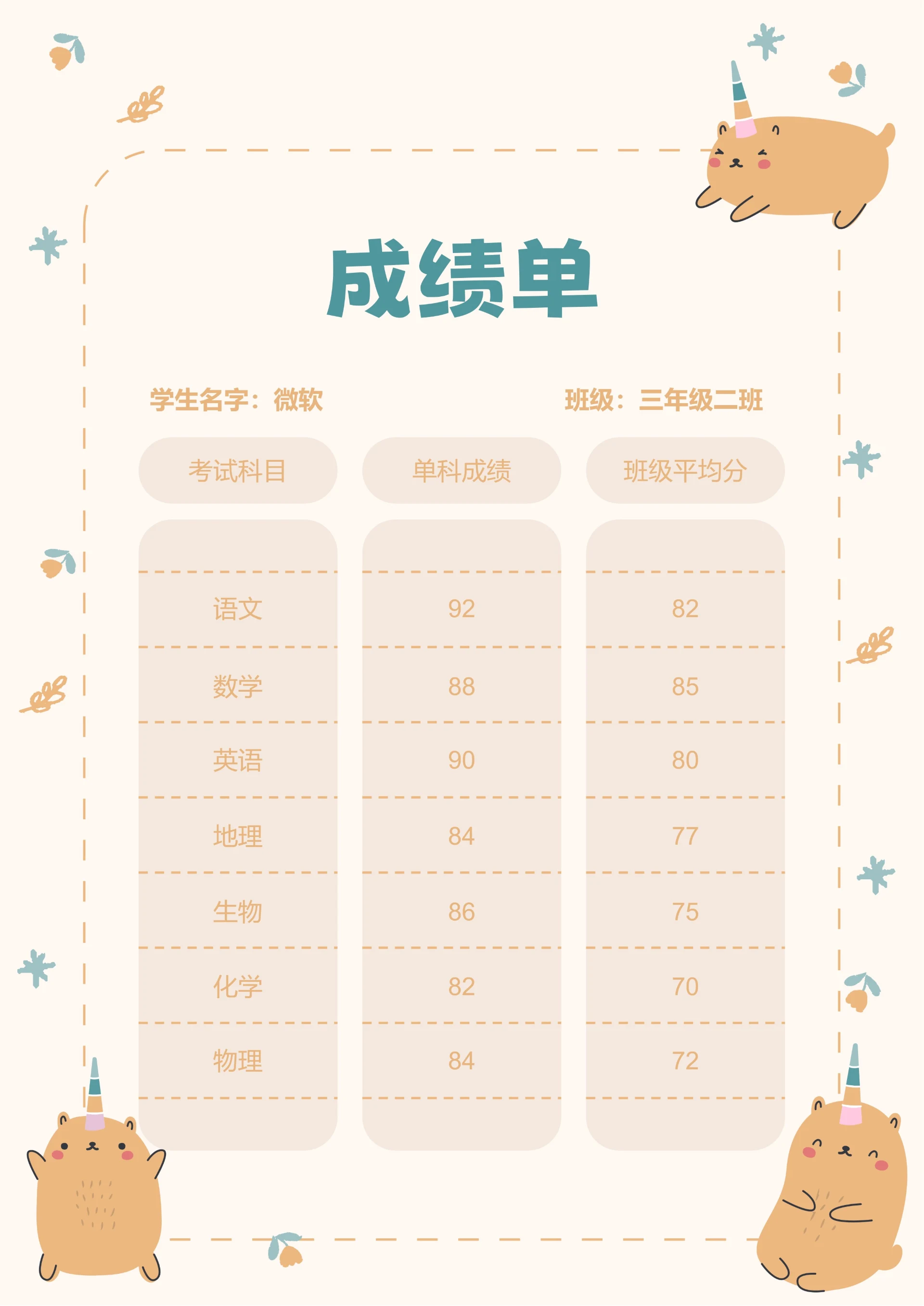 黄色可爱卡通插画成绩单