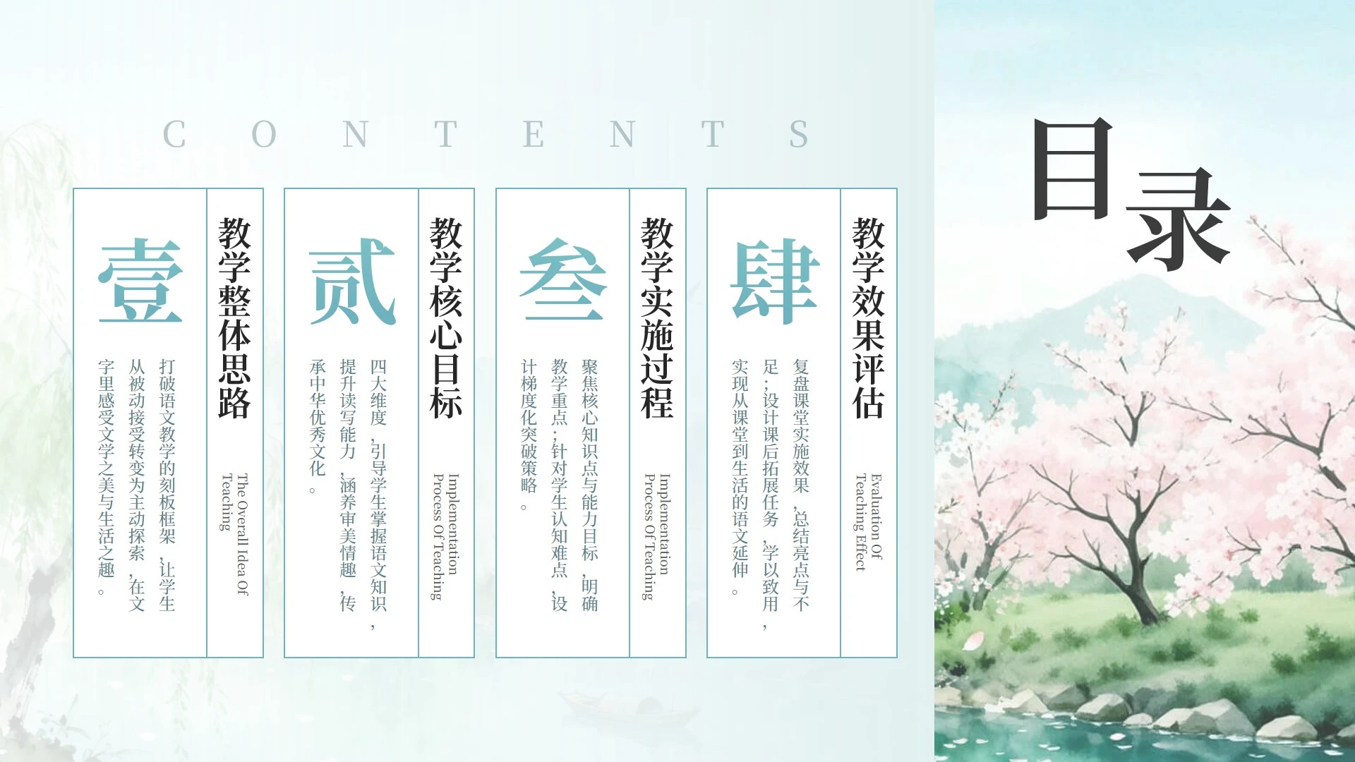 目录页-绿色古风创意水彩风景教学课件PPT单页