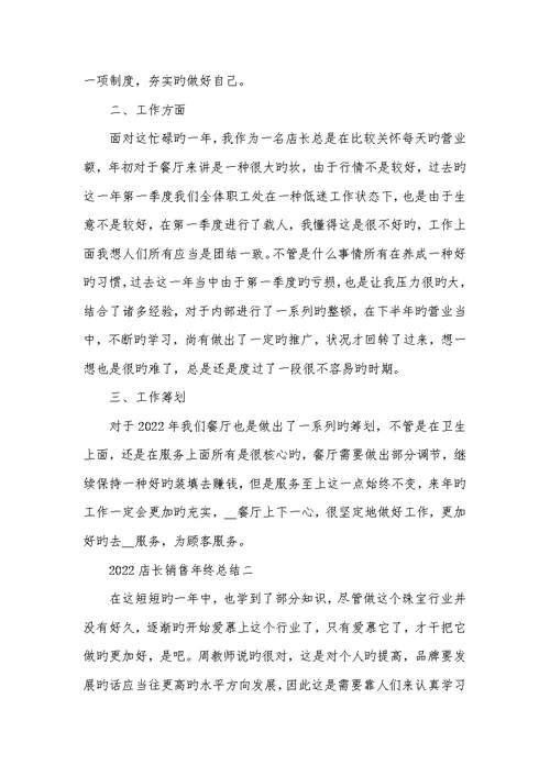 2022店长销售年底总结范文