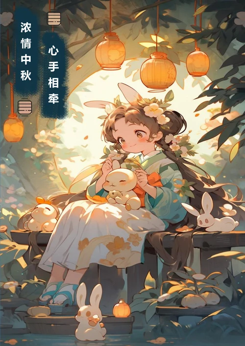 中秋节仙女抱玉兔插画海报