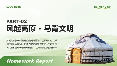 绿色商务风内蒙古草原主题家乡介绍作业汇报PPT模板