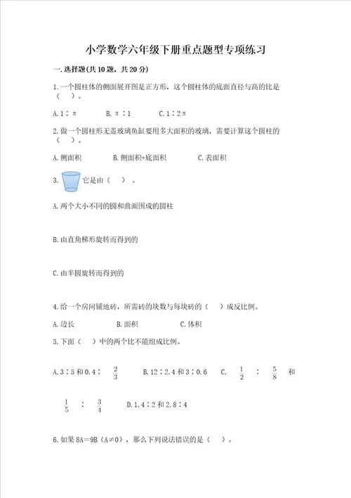 小学数学六年级下册重点题型专项练习含答案实用