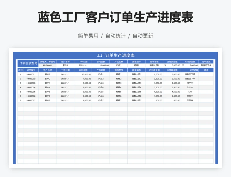 蓝色工厂客户订单生产进度表