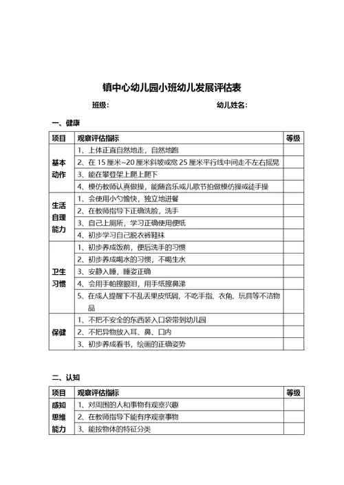 幼儿园大、中、小班幼儿发展评估表