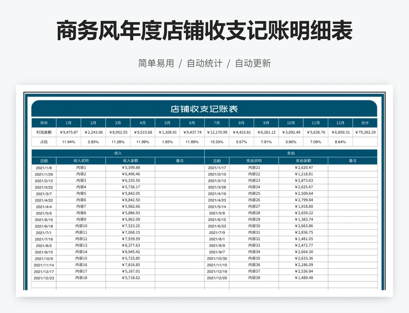 商务风年度店铺收支记账明细表