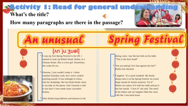 【优质阅读公开课课件】Unit 4 Time to celebrate Understanding