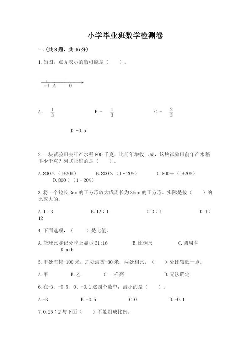 小学毕业班数学检测卷及答案（网校专用）.docx