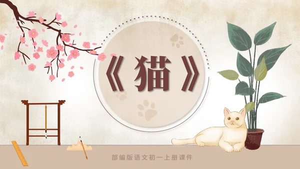黄色水彩风语文初一课件猫课文PPT模板