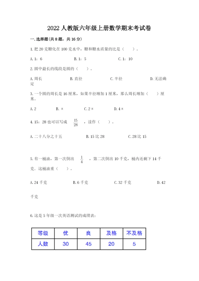 2022人教版六年级上册数学期末考试卷带答案（考试直接用）.docx