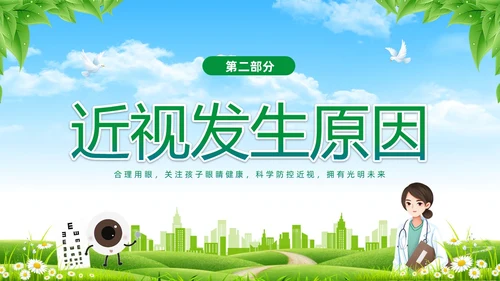 绿色清新展板风卡通儿童保护视力保护眼睛远离近视中小学近视防控家长会预防近视