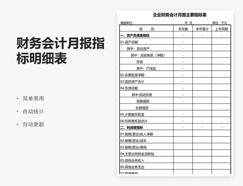 财务会计月报指标明细表