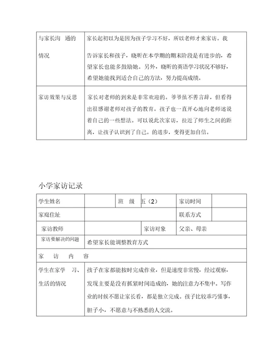小学家访记录表格式