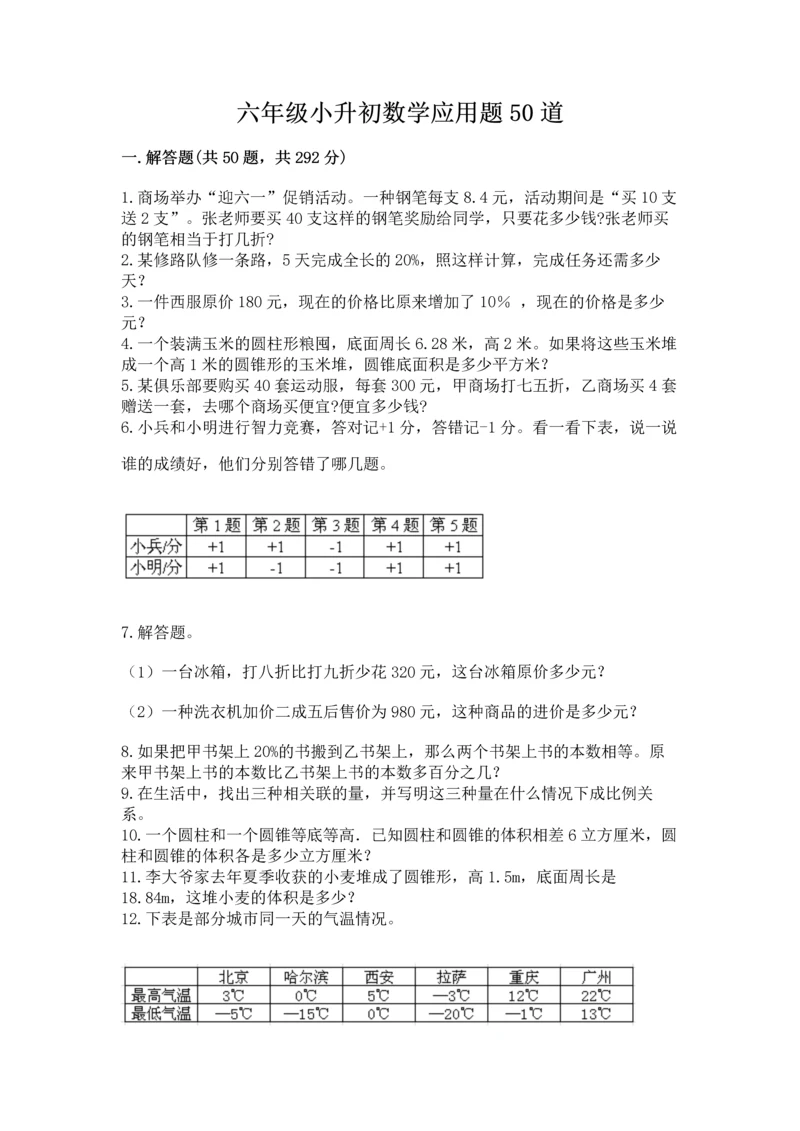 六年级小升初数学应用题50道附参考答案【能力提升】.docx