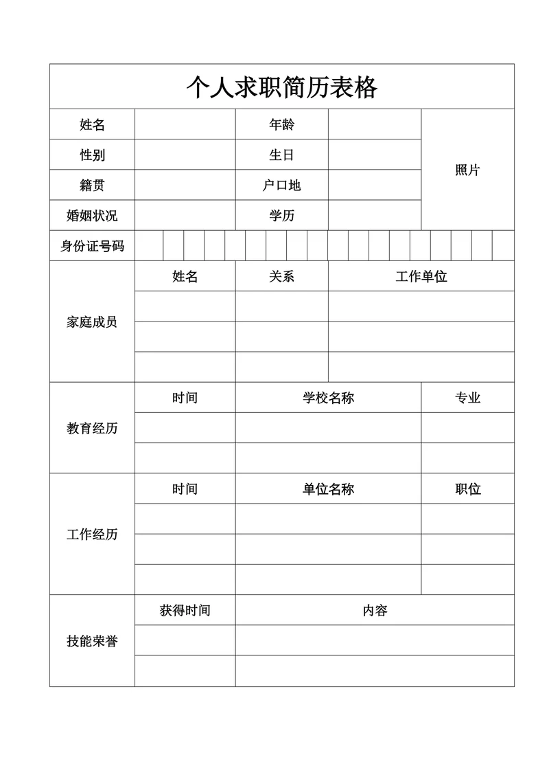 个人求职简历表格