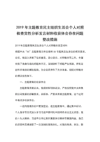 2019年主题教育民主组织生活会个人对照检查党性分析发言材料收获体会存在问题整改措施