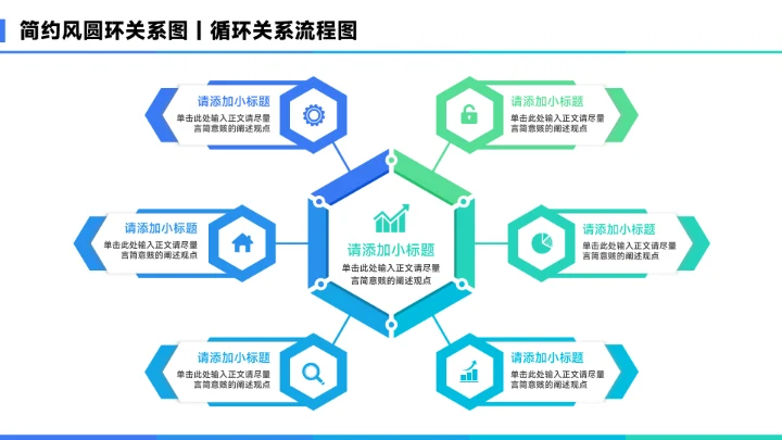蓝色简约风6项总分关系图PPT
