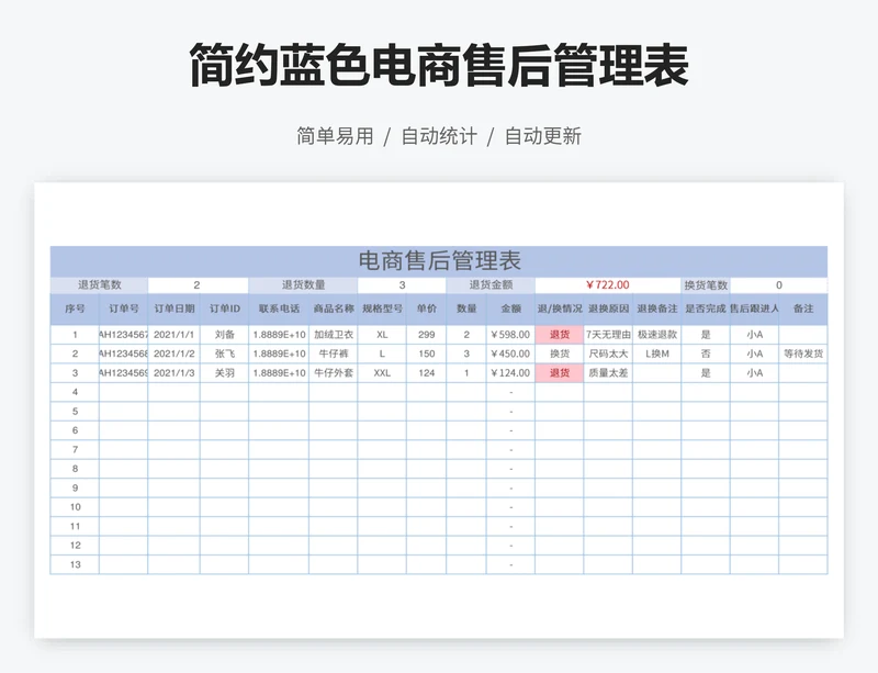简约蓝色电商售后管理表