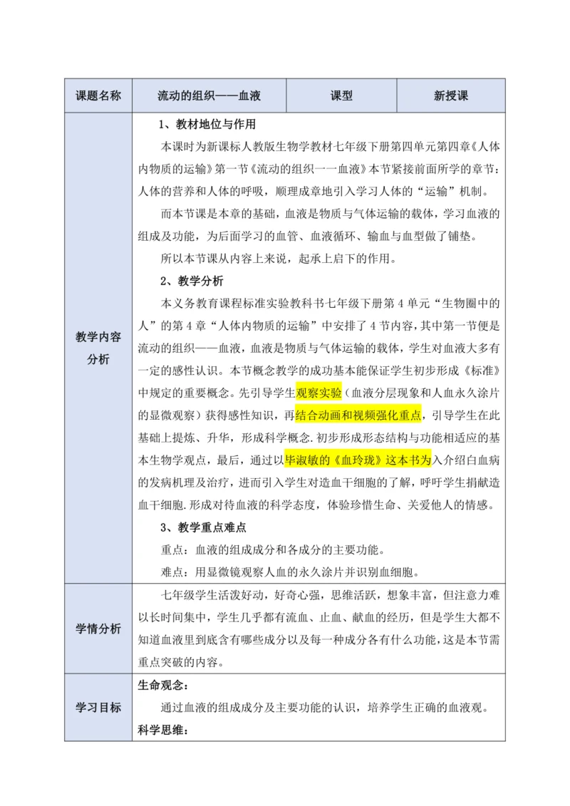 4.4.1流动的组织——血液