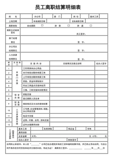 员工离职结算明细表word表格模板