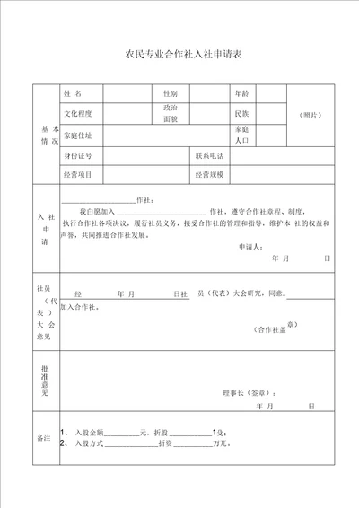 农民专业合作社入社退社申请表