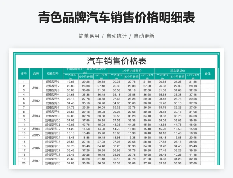 青色品牌汽车销售价格明细表
