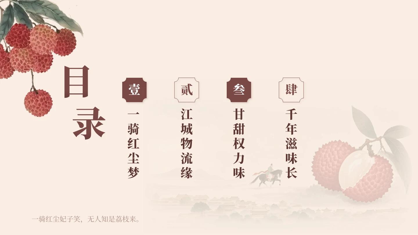 目录页-中国风工笔画长安的荔枝读书分享PPT单页