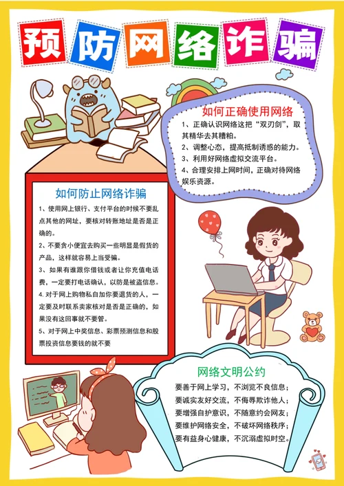 竖版预防网络诈骗手抄报网络安全电子小报模板