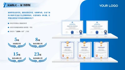 蓝色商务风4项荣誉证书排版PPT单页