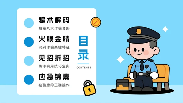 蓝色手绘卡通风全民反诈教育宣传PPT模板