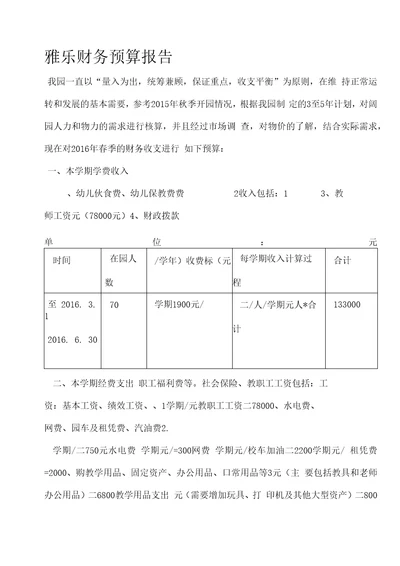 雅乐幼儿园财务预算报告