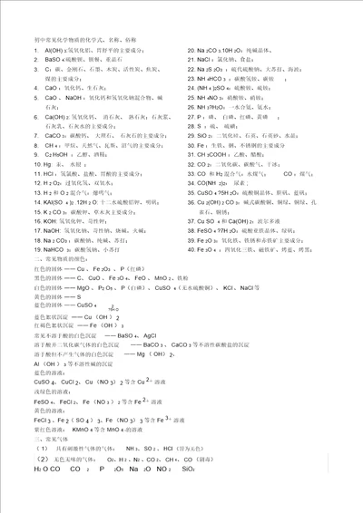 初中化学常见化学物质的化学式、名称和俗称