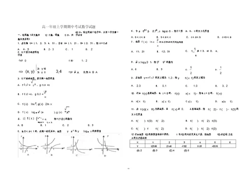 高一数学期中考试测试题(必修一含答案)