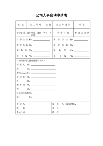 公司人事变动申请表