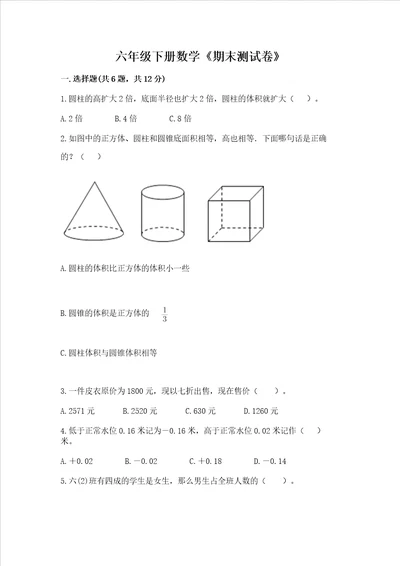 六年级下册数学期末测试卷带答案模拟题