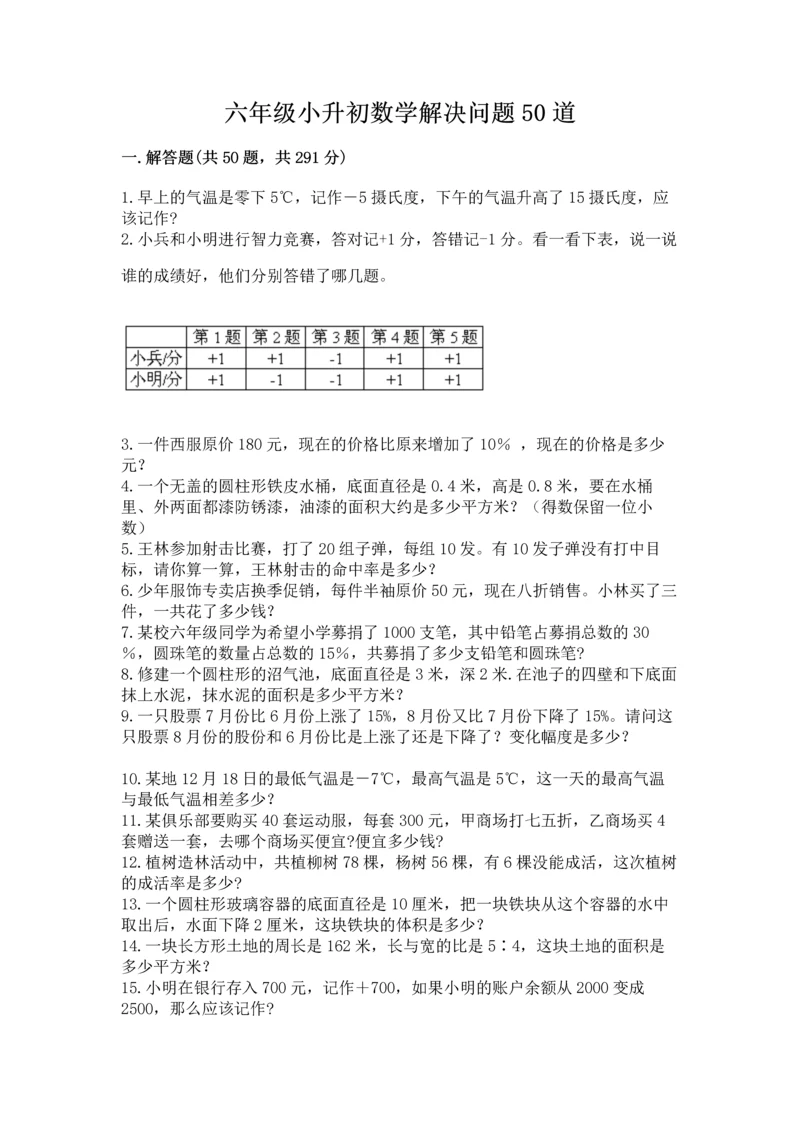 六年级小升初数学解决问题50道及下载答案.docx