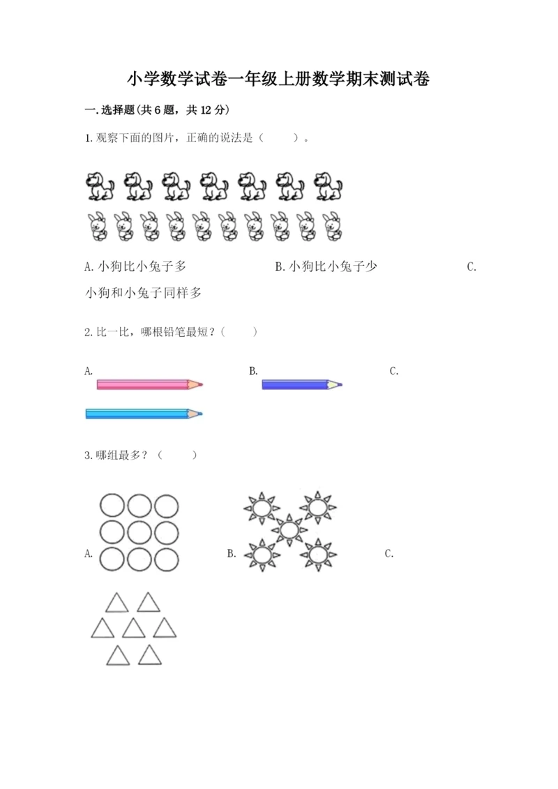 小学数学试卷一年级上册数学期末测试卷（中心小学）.docx