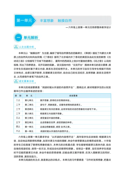 统编版语文六年级上册第一单元 丰富想象，触摸自然单元任务群整体教学设计