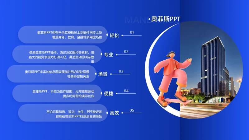 商务风蓝色并列关系5项PPT图文页