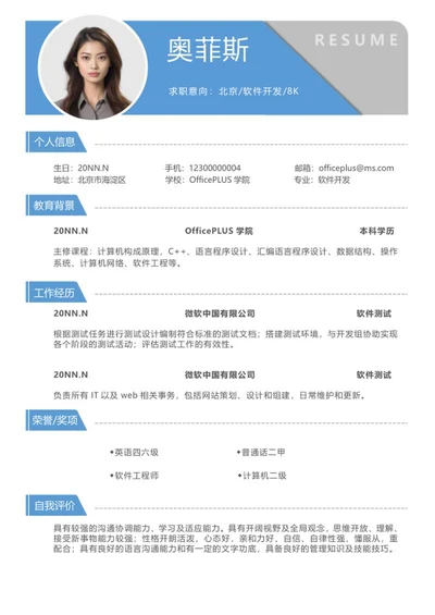 蓝色蚂蚁线软件开发简历word模板