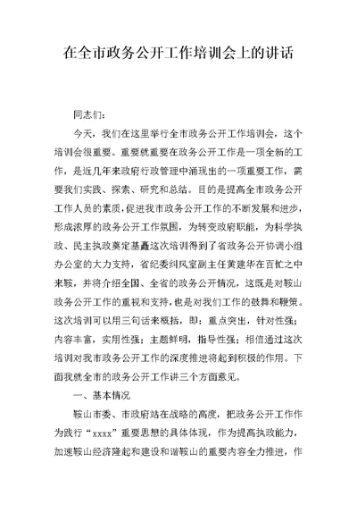 在全市政务公开工作培训会上的讲话